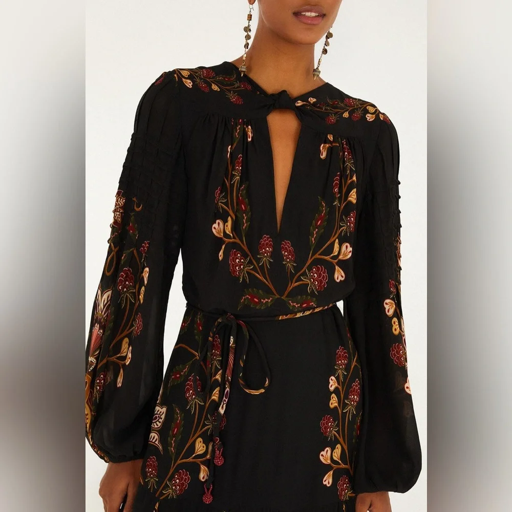 Farm Rio Black Berry Garden Long Sleeve Pleated Maxi Dress Size M - Picture 3 of 14
